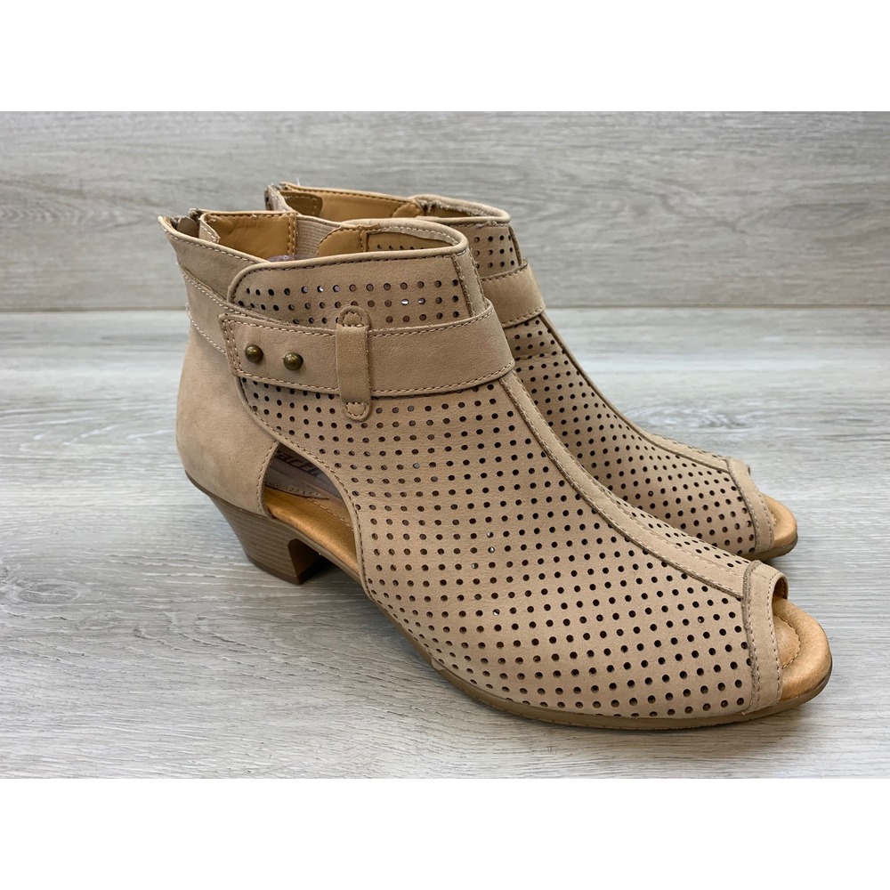 Earth Women's Taupe Leather Perforated Peep Toe Ankle Boots 9.5 Comfort Shoes